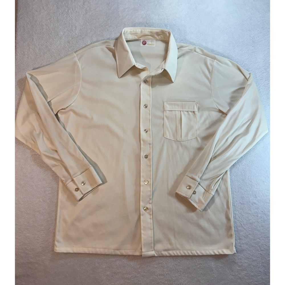 Vintage Kings Road Sears Mens XL Cream Polyester Disco Shirt 70s Button Down
